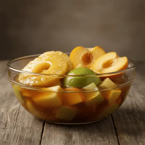 Frutos en almíbar: durazno, pera y mango